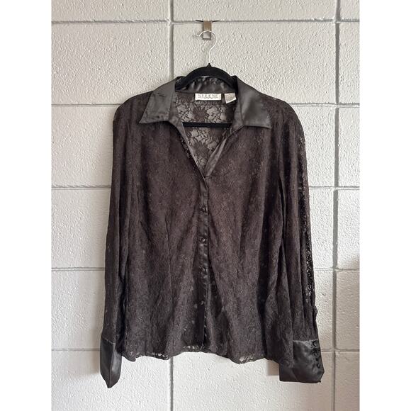 Vintage Y2K Women's Satin Lace Button Front Mesh Top size XL Whimsigoth Witchy - Picture 1 of 4